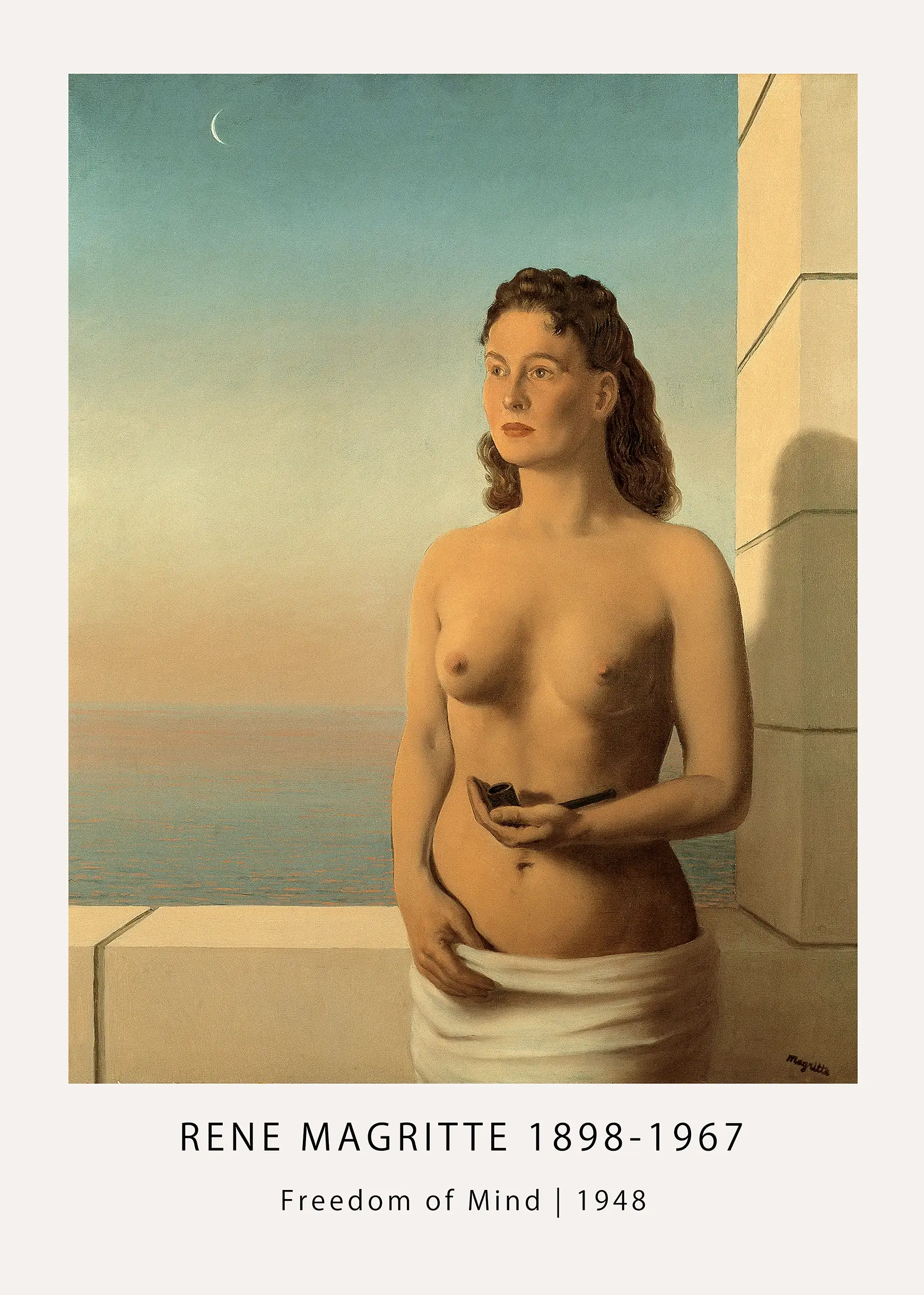 Rene Magritte Print - Freedom Of Mind 1948 Surrealist Wall Art Rene Magritte Print Freedom Of Mind 1948 Showing A Nude Woman Holding A Pipe On A Balcony Overlooking A Sea At Twilight.