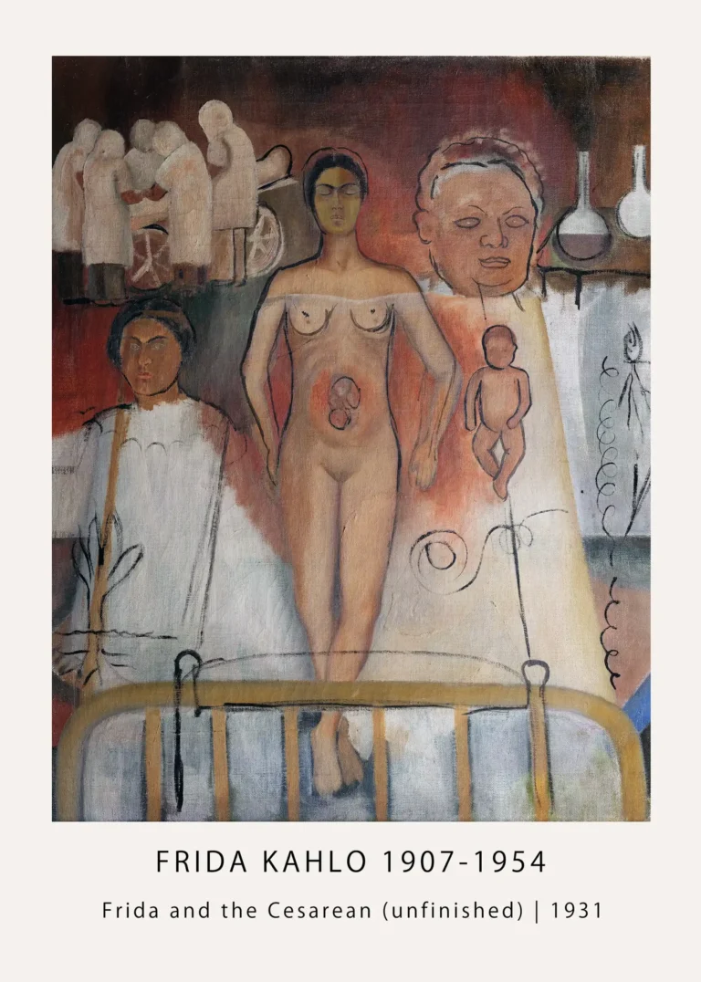 Frida Cesarean Unfinished Kahlo — this unfinished 1931 Frida Kahlo painting depicts the artist alongside