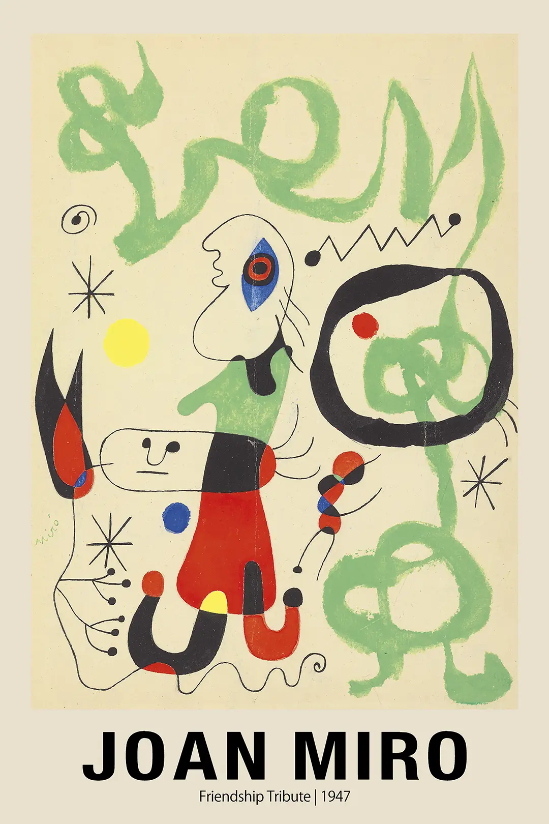 Classic Joan Miro Poster - Friendship Tribute 1947 Abstract Wall Art Joan Miro Poster Showing The 1947 Friendship Tribute With Colorful Surrealist Shapes And Black Star Symbols.
