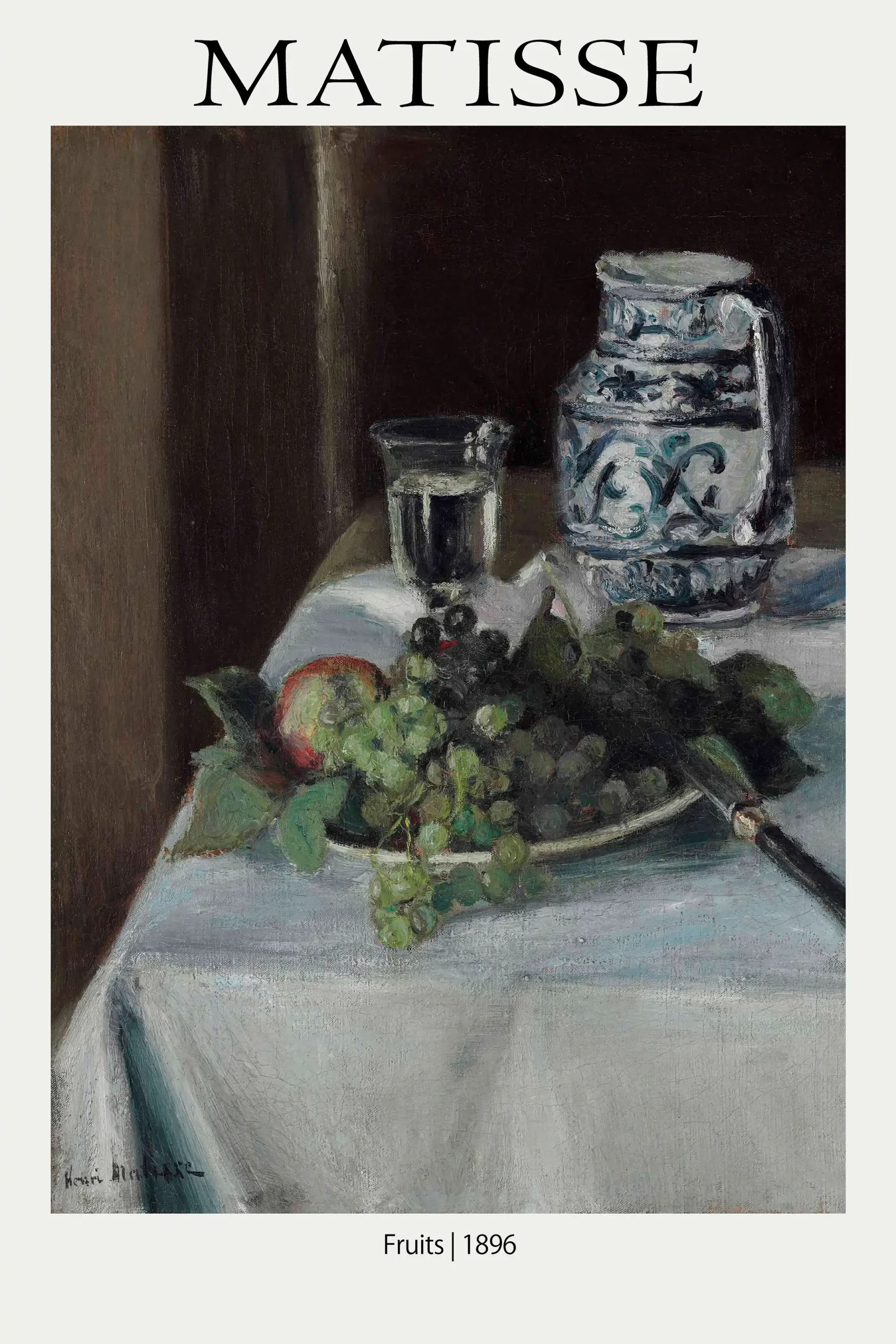 Matisse Fruits print showing a dark 1896 still life with grapes, a blue ceramic pitcher, and a glass on a white tablecloth.