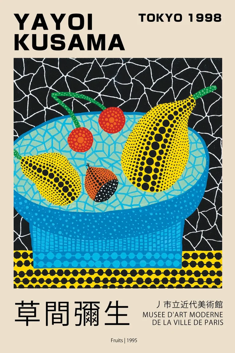 Yayoi Kusama Fruits 1995 — vibrant depiction of dotted yellow pears and red cherries in a blue