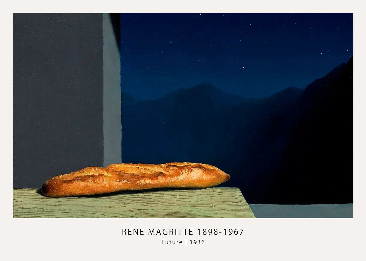 Rene Magritte Future painting featuring a baguette on a wooden ledge under a starry night sky with mountain silhouettes.