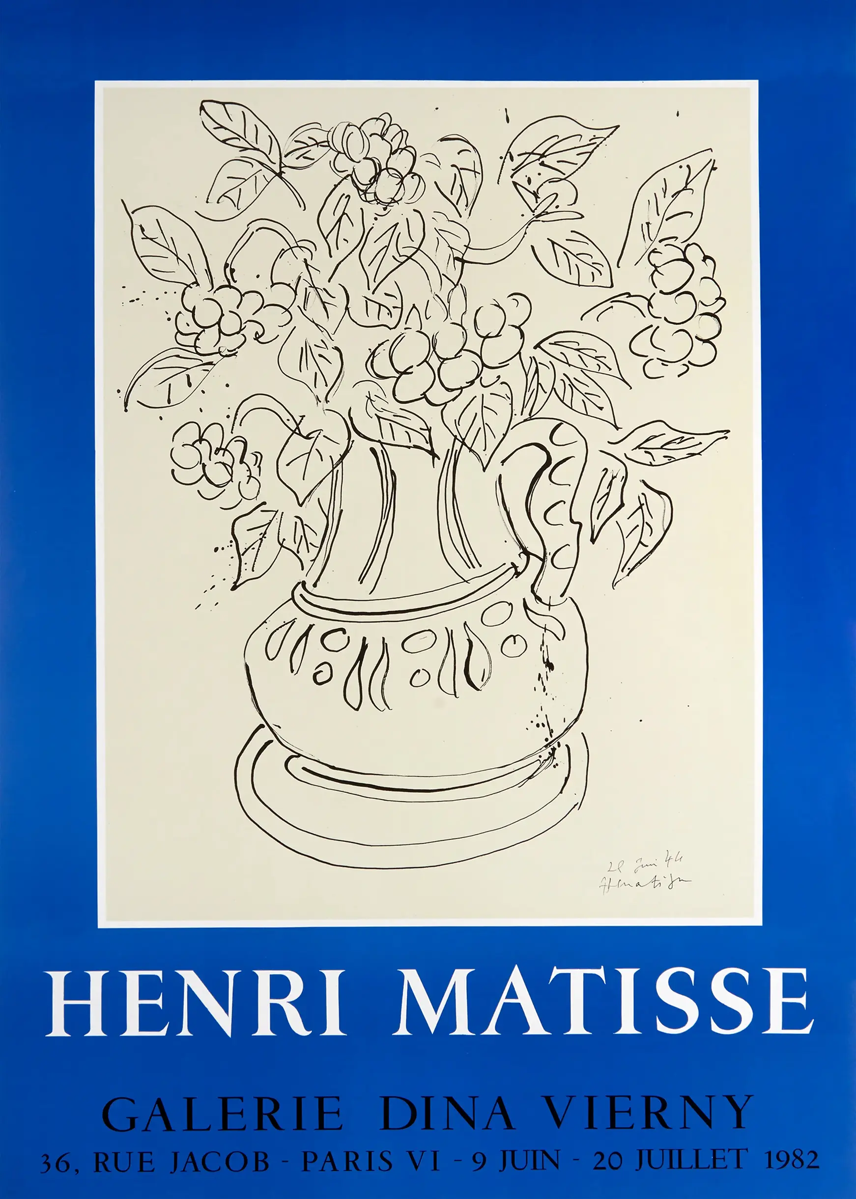 Henri Matisse poster featuring a 1982 Galerie Dina Vierny exhibition design with a floral line drawing and blue border.
