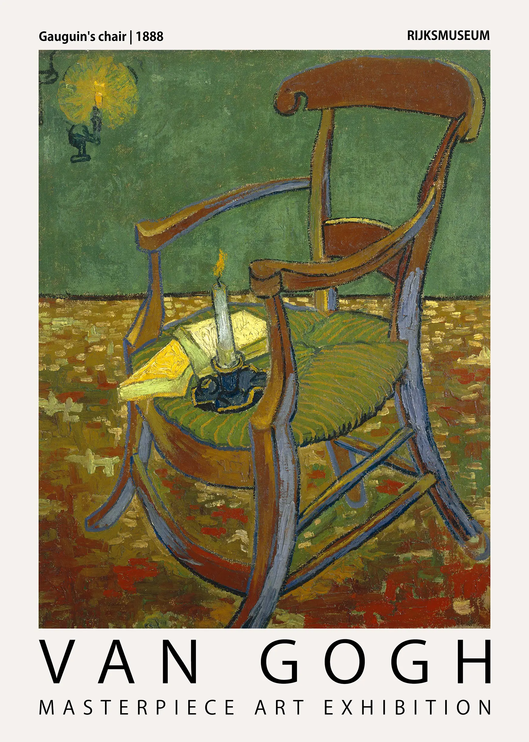 Authentic Gauguin'S Chair Print - Van Gogh 1888 Exhibition Art Gauguin'S Chair Print By Vincent Van Gogh, 1888 Rijksmuseum Exhibition Poster With A Candle And Books On A Wooden Chair.