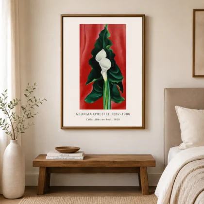 Georgia O'Keeffe – Calla Lilies on Red 1928 wall print with curated artistic presence by MerchFuse