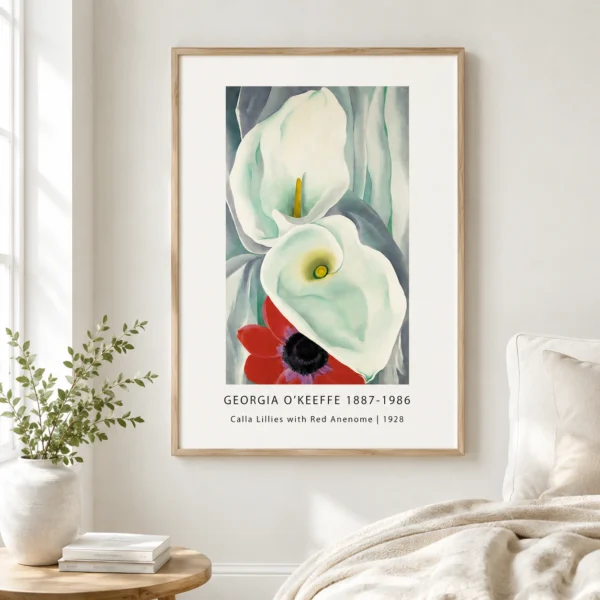 Calla Lilies Print, White Flowers With Red Anemone Art