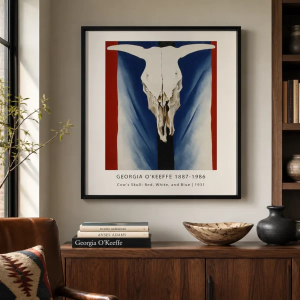Cow Skull Print, Red White Blue Georgia O'Keeffe Wall Art Print