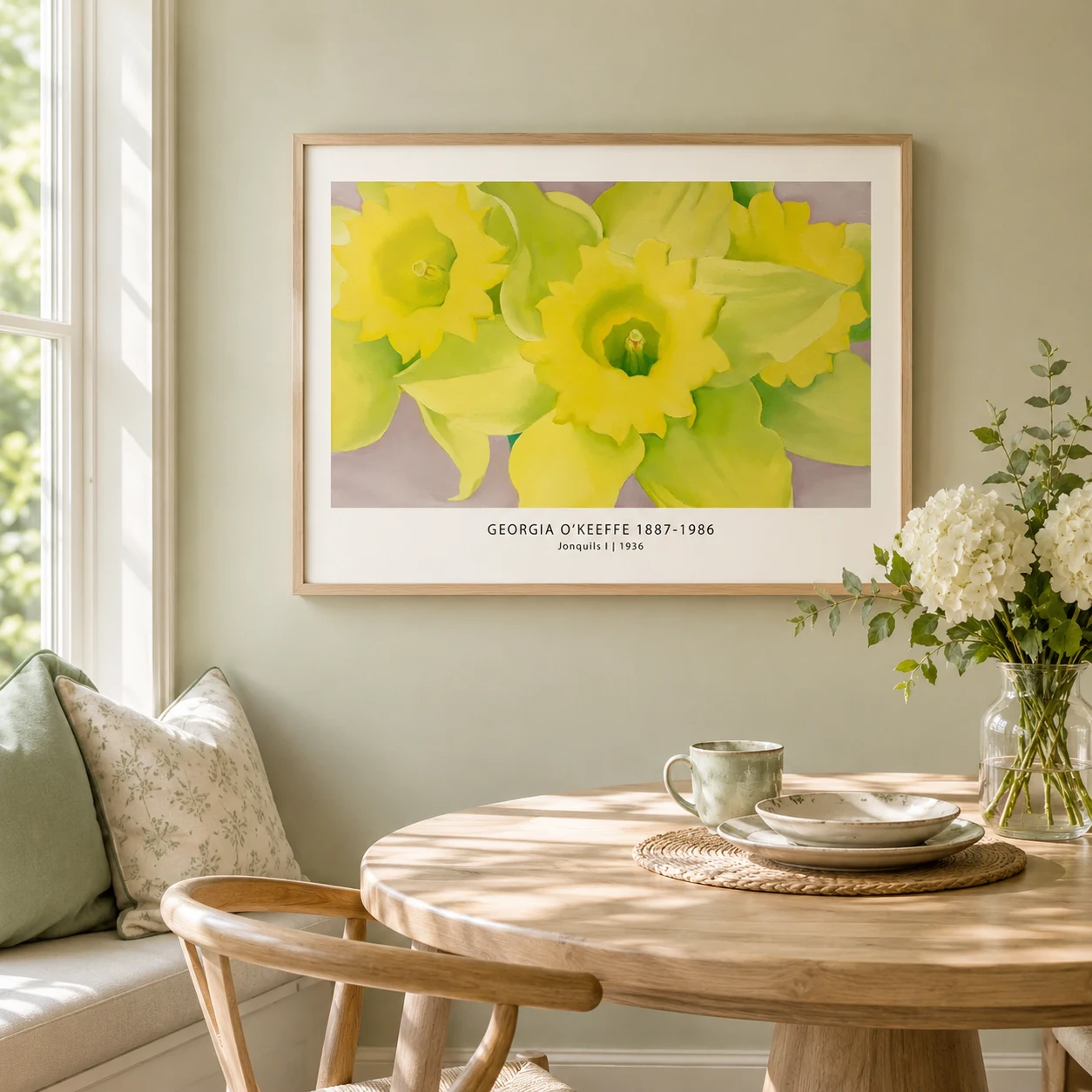 Room mockup of Jonquils Print, Georgia O'Keeffe Yellow Flower Wall Art Print, displayed as framed wall art in a bedroom setting as a landscape print with green and yellow tones.