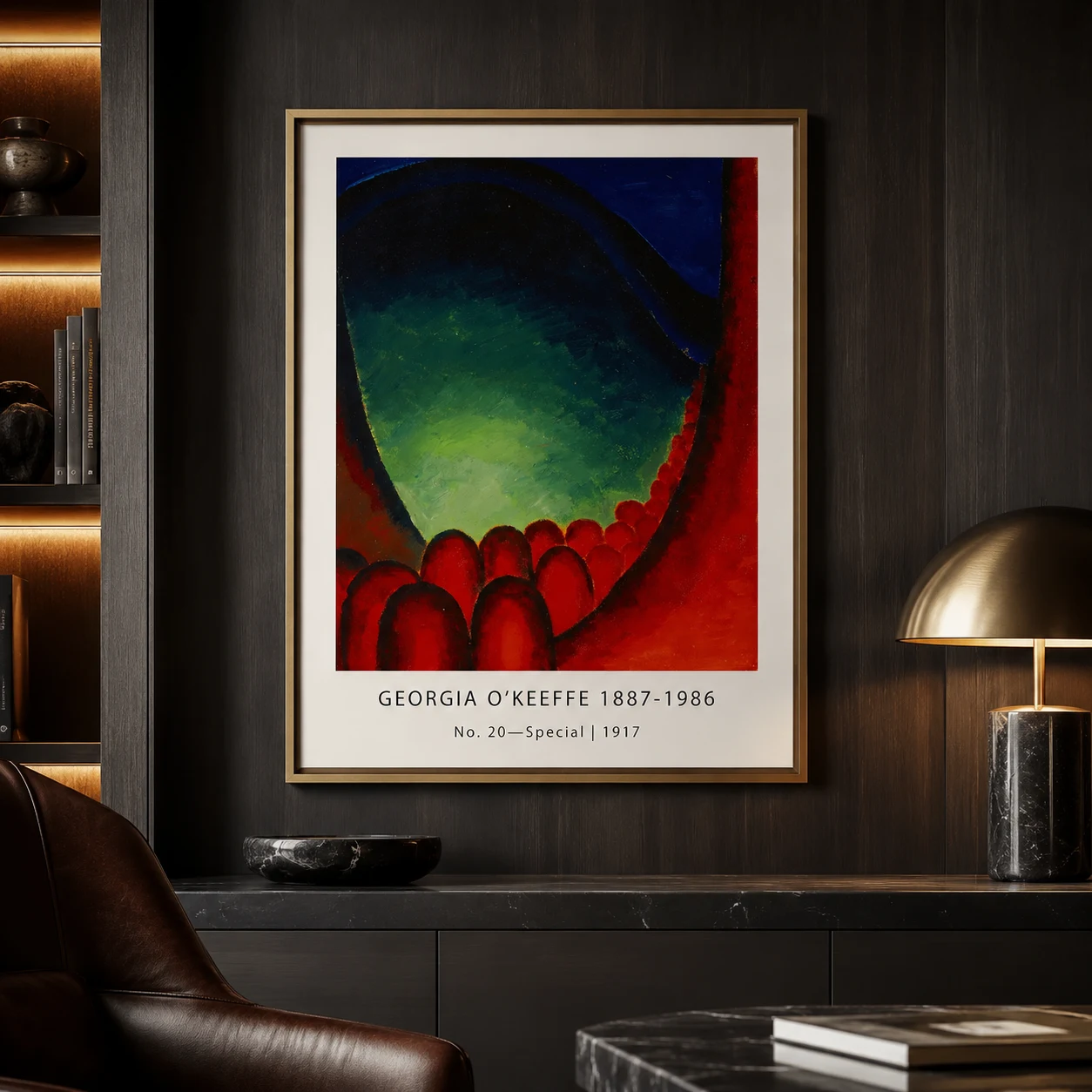Room mockup of No 20 Special Print, Georgia O'Keeffe red blue Abstract, displayed as framed wall art in a living room setting as a portrait print with blue, green, and red tones.