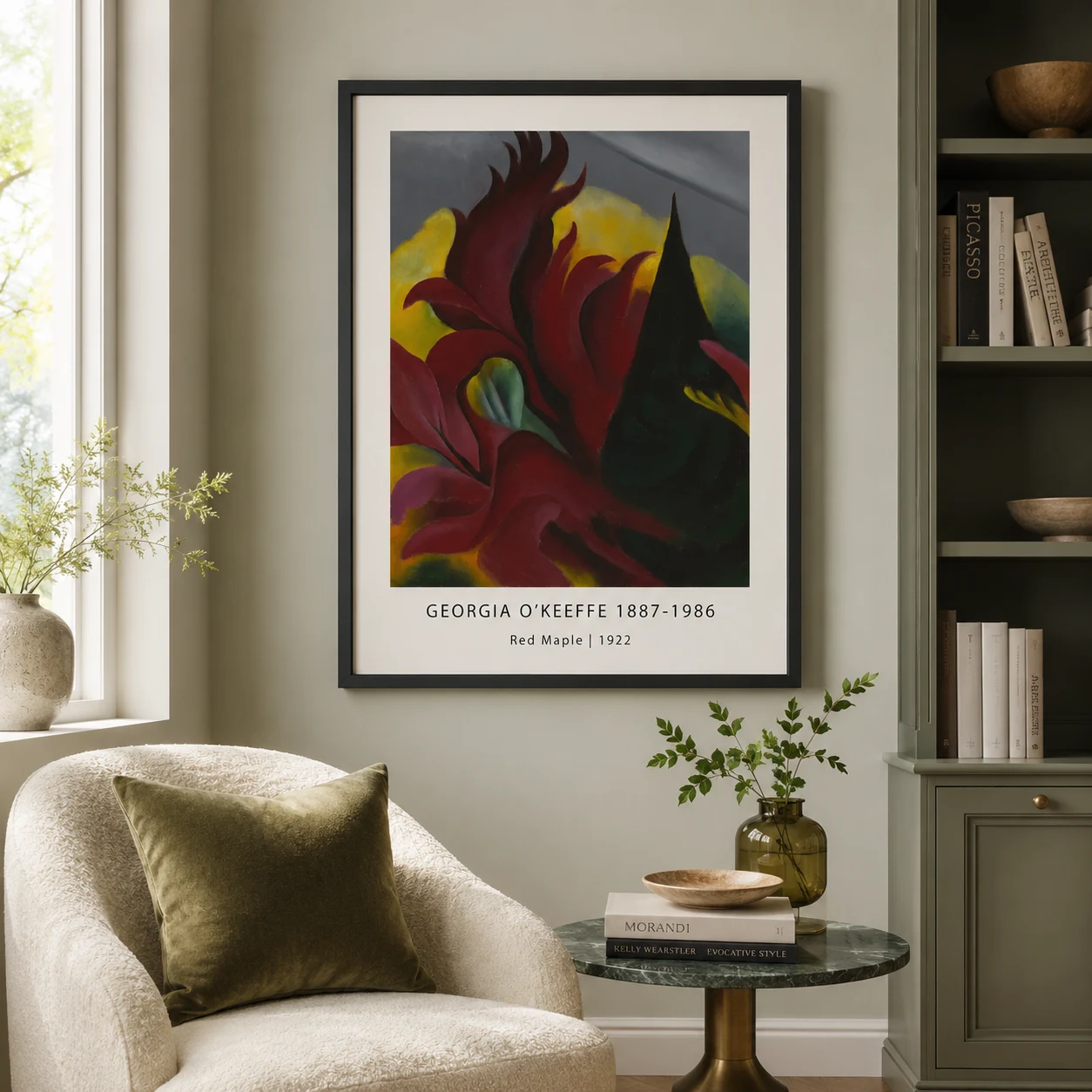 Room mockup of Red Maple Print, Georgia O'Keeffe Autumn Leaf Wall Art Print, displayed as framed wall art in a bedroom setting as a portrait print with yellow and red tones.