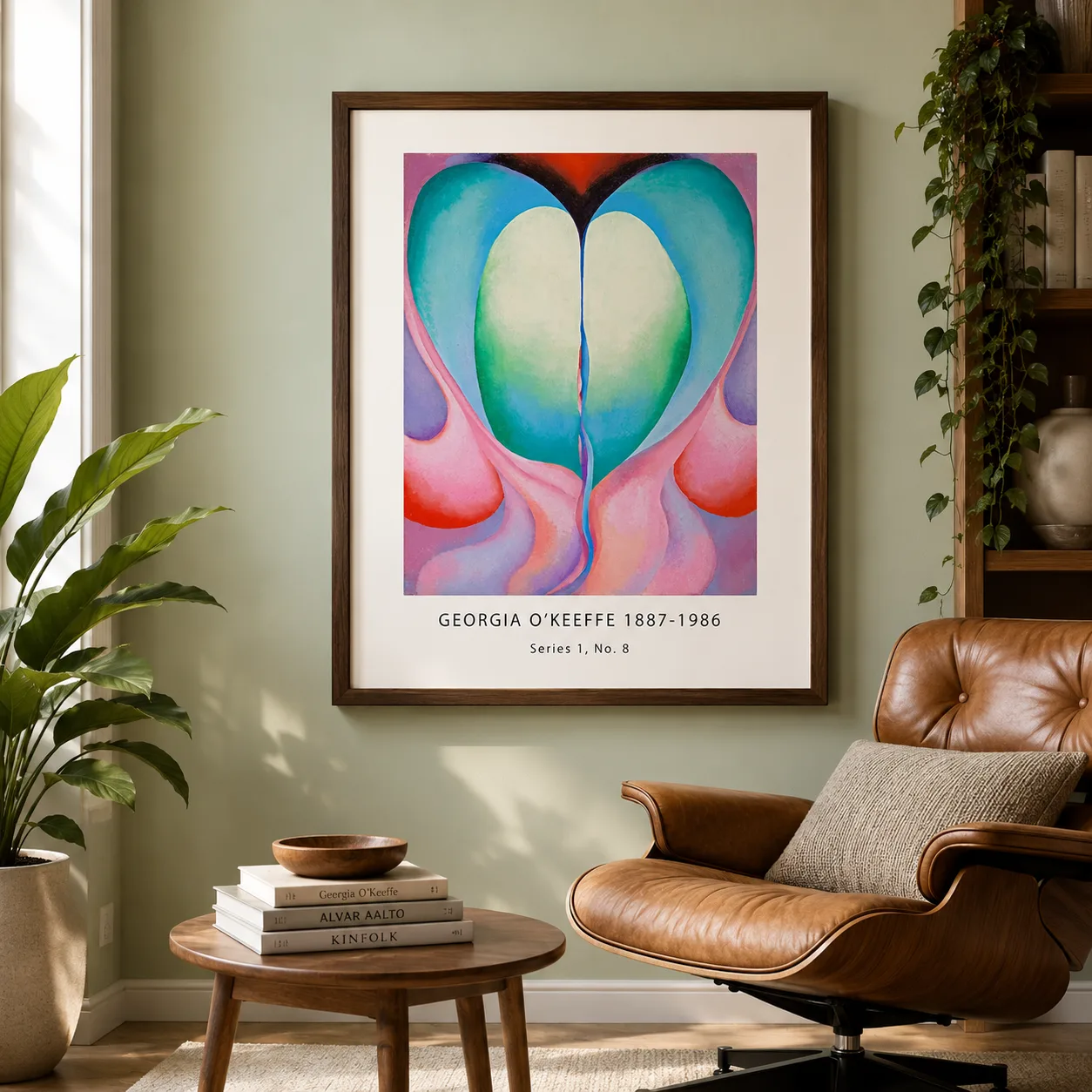 Room mockup of Series I No. 8 Print, Georgia O'Keeffe green Abstract, displayed as framed wall art in a living room setting as a portrait print with blue, green, and red tones.