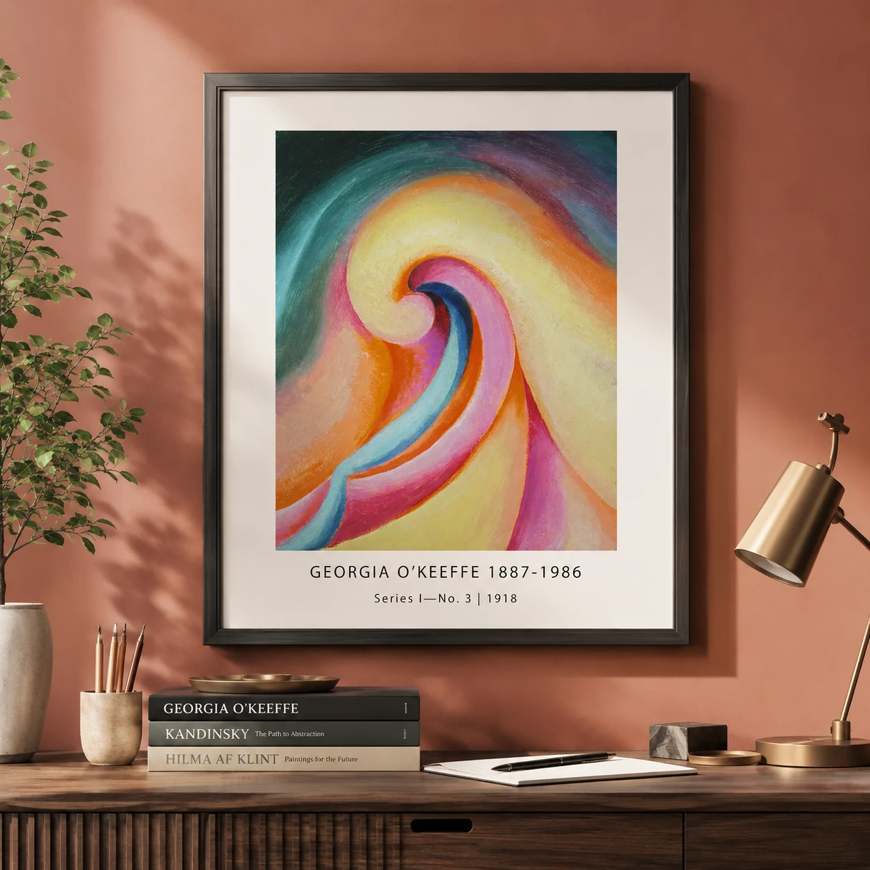 Room mockup of Series I No. 3 Print, Georgia O'Keeffe color swirl, displayed as framed wall art in a living room setting as a portrait print with blue, teal, and yellow tones.