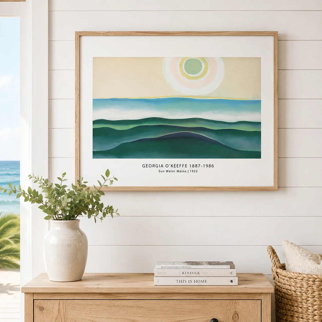 Room mockup of Sun Water Maine Print, O'Keeffe Coastal Landscape Wall Art Print, displayed as framed wall art in a bedroom setting as a landscape print with blue and yellow tones.