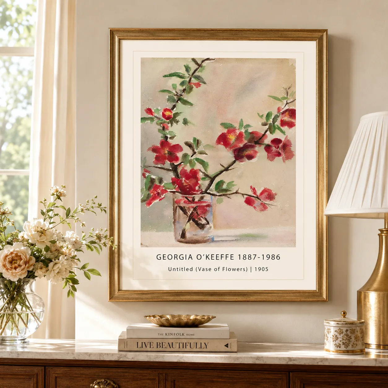 Room mockup of Vase of Flowers Print, Georgia O'Keeffe Early Floral Wall Art Print, displayed as framed wall art in a bedroom setting as a portrait print with green and red tones.