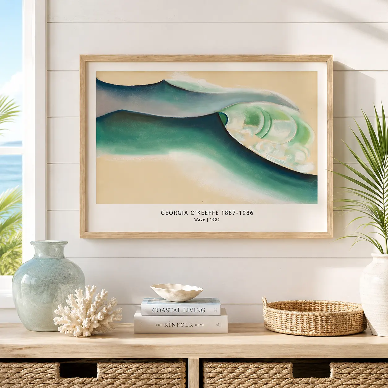 Room mockup of Wave, Georgia O'Keeffe Abstract Ocean Wall Art Print, displayed as framed wall art in a living room setting as a landscape print with blue, green, and cream tones.
