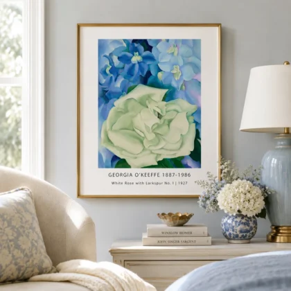 Rose Larkspur — white Rose Larkspur print with creamy white petals against vivid blue