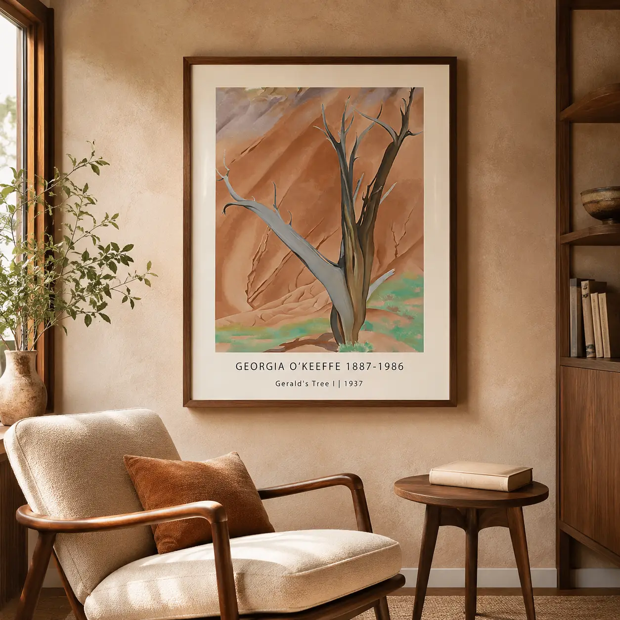 Room mockup of Gerald’s Tree Print, O'Keeffe Ghost Ranch Landscape Art, displayed as framed wall art in a bedroom setting as a portrait print with green and red tones.