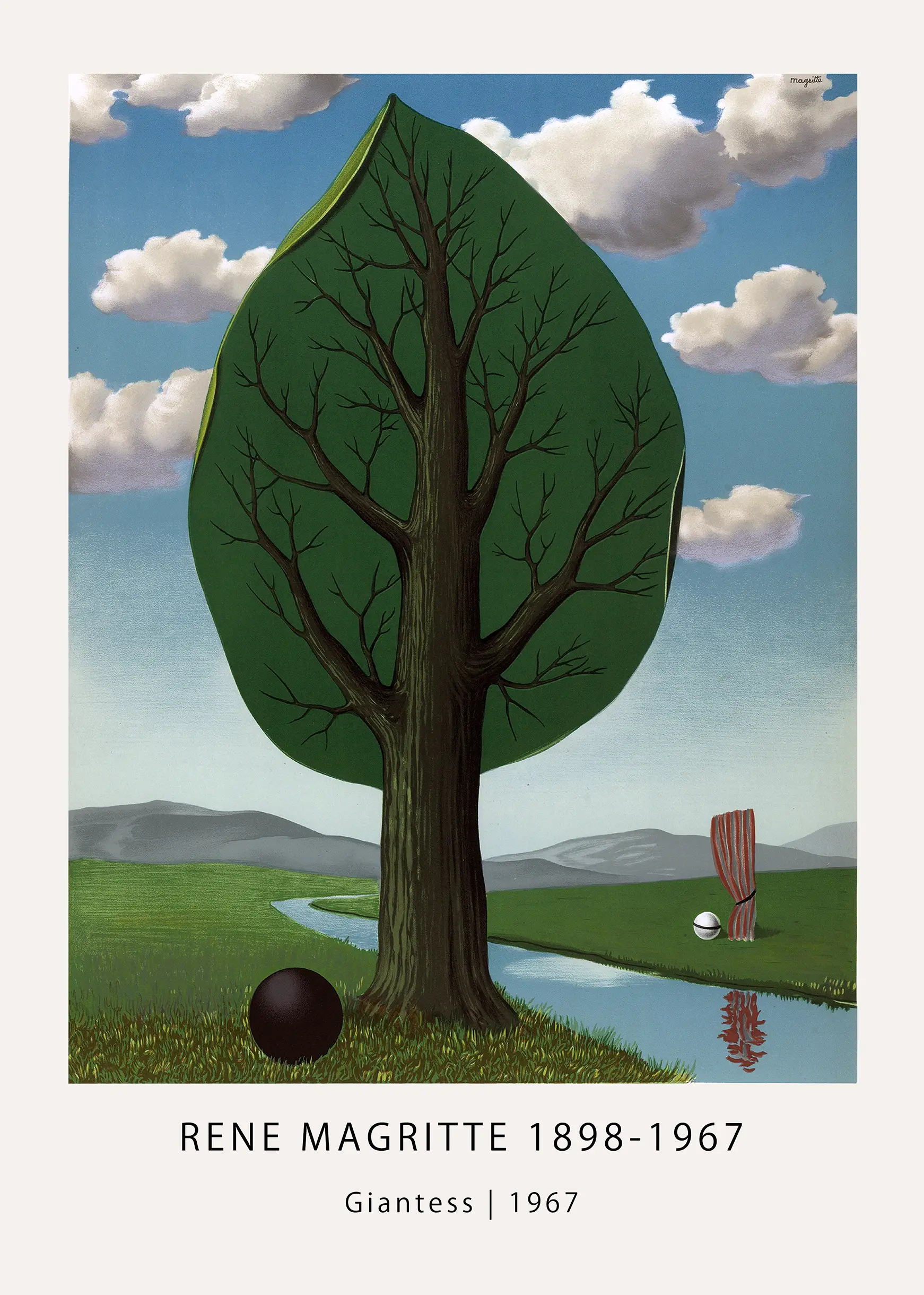 Classic Rene Magritte Giantess - 1967 Surrealist Fine Art Print Rene Magritte Giantess 1967 Surrealist Print Featuring A Giant Leaf Tree, Black Sphere, And Red Curtain In A Green Field.