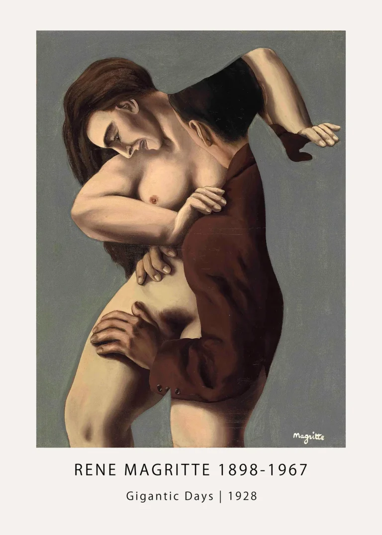 Rene Magritte Gigantic Days — gigantic Days print with a tense figure struggle against a muted grey