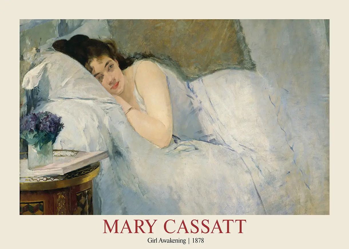 Mary Cassatt print of Girl Awakening 1878 showing a girl in bed with blue linens and a vase of purple flowers.