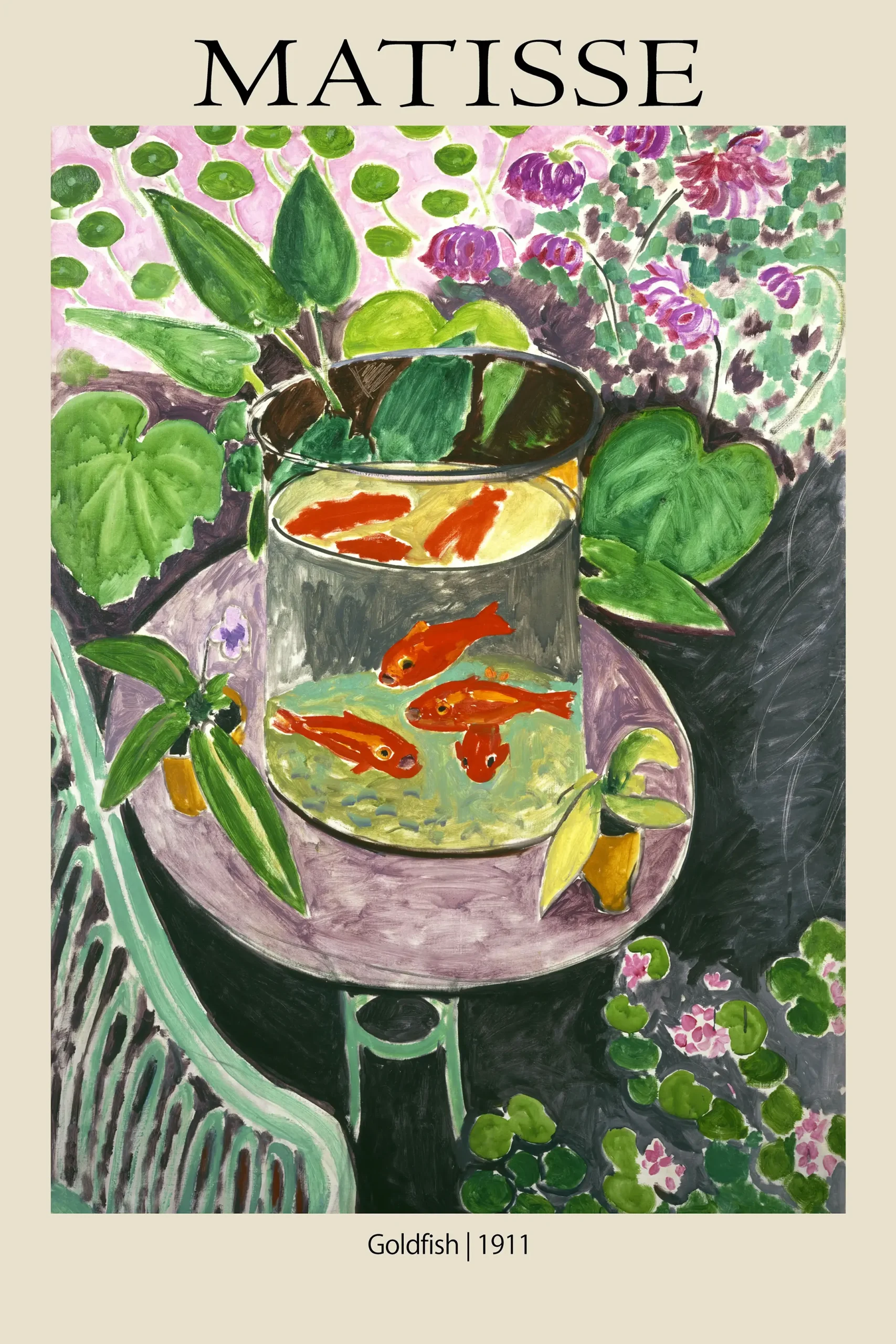 Authentic Matisse Goldfish Print - 1911 Fauvism Still Life Wall Art Matisse Goldfish Print Featuring Four Orange Fish In A Glass Bowl On A Purple Table With Green And Pink Foliage.