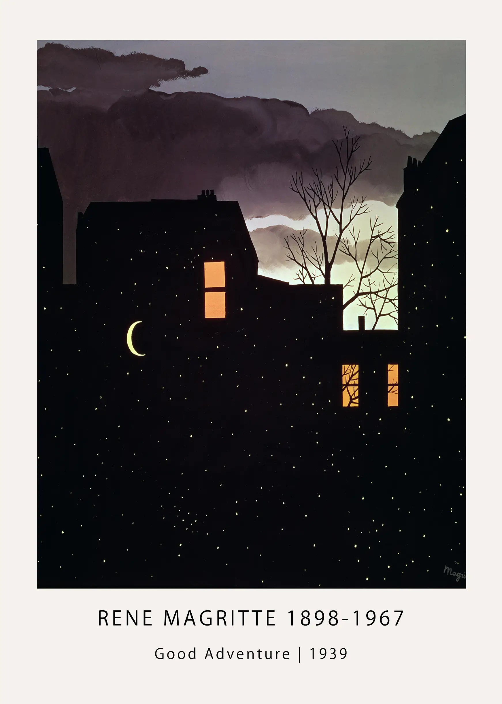 René Magritte Print - Good Adventure 1939 Surrealist Art René Magritte Print Of Good Adventure 1939 Showing A Night Cityscape With Building Silhouettes And A Crescent Moon.