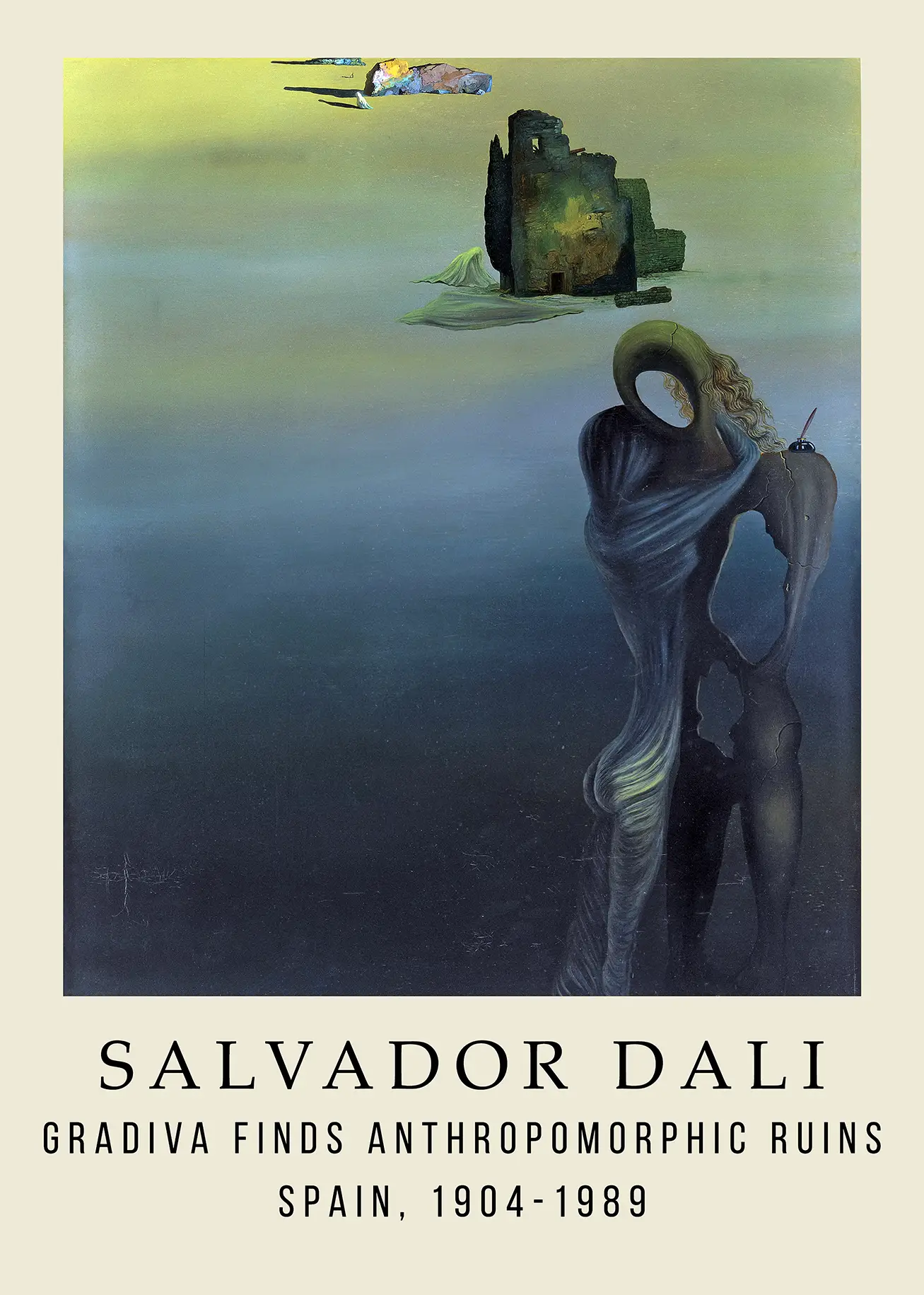 Authentic Salvador Dali Gradiva Print - Surrealist Ruin Wall Art Salvador Dali Gradiva Print Showing A Draped Figure And Ruins In A Surreal Blue And Yellow Sky Landscape.