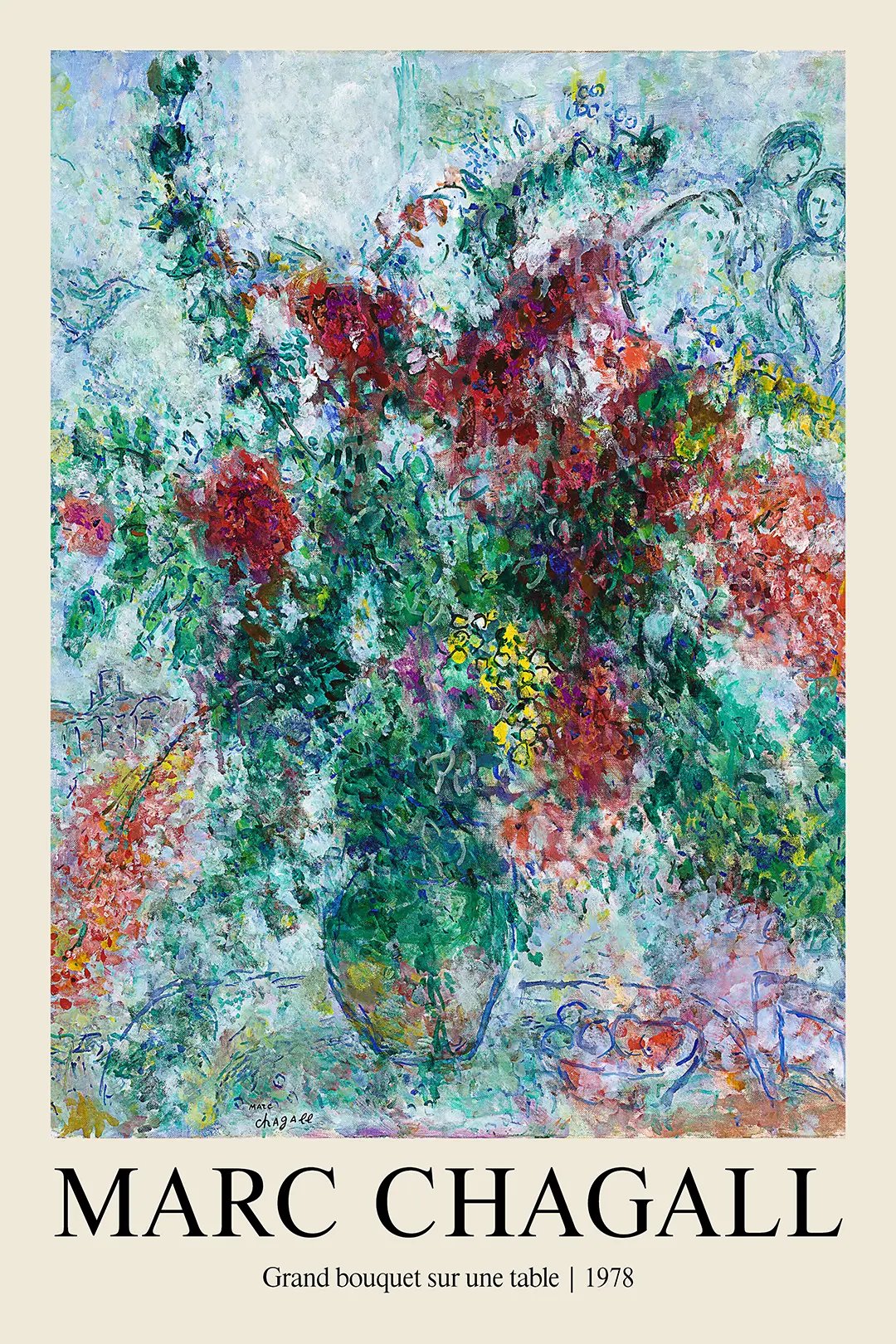 Classic Marc Chagall Poster - Grand Bouquet Sur Une Table 1978 Fine Art Marc Chagall Poster Featuring A Colorful 1978 Floral Bouquet In A Green Vase On A Table With Abstract Figures.