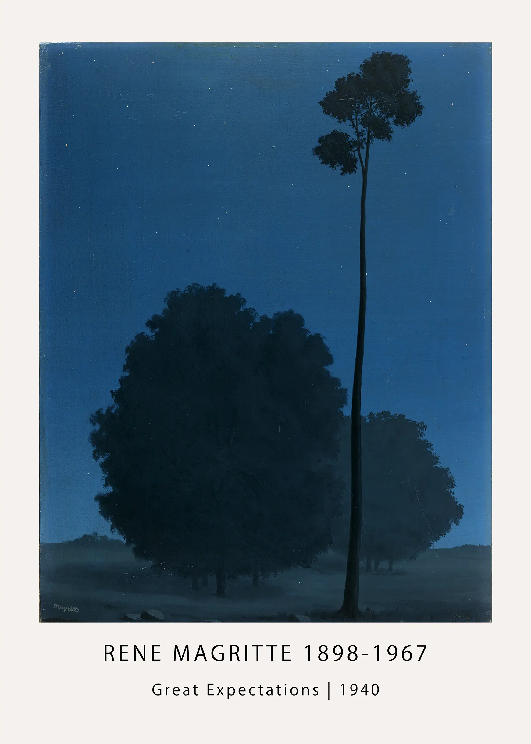 Classic Rene Magritte Poster - Great Expectations Surrealist Art Print Rene Magritte Poster Of Great Expectations 1940 Featuring Dark Tree Silhouettes Against A Blue Starry Night Sky.