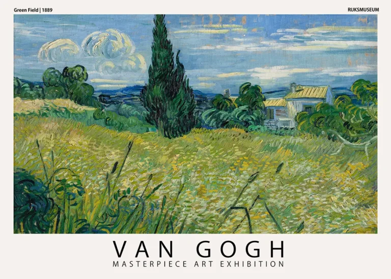 Van Gogh Green Field — vibrant post-impressionist landscape featuring swirling green fields, a