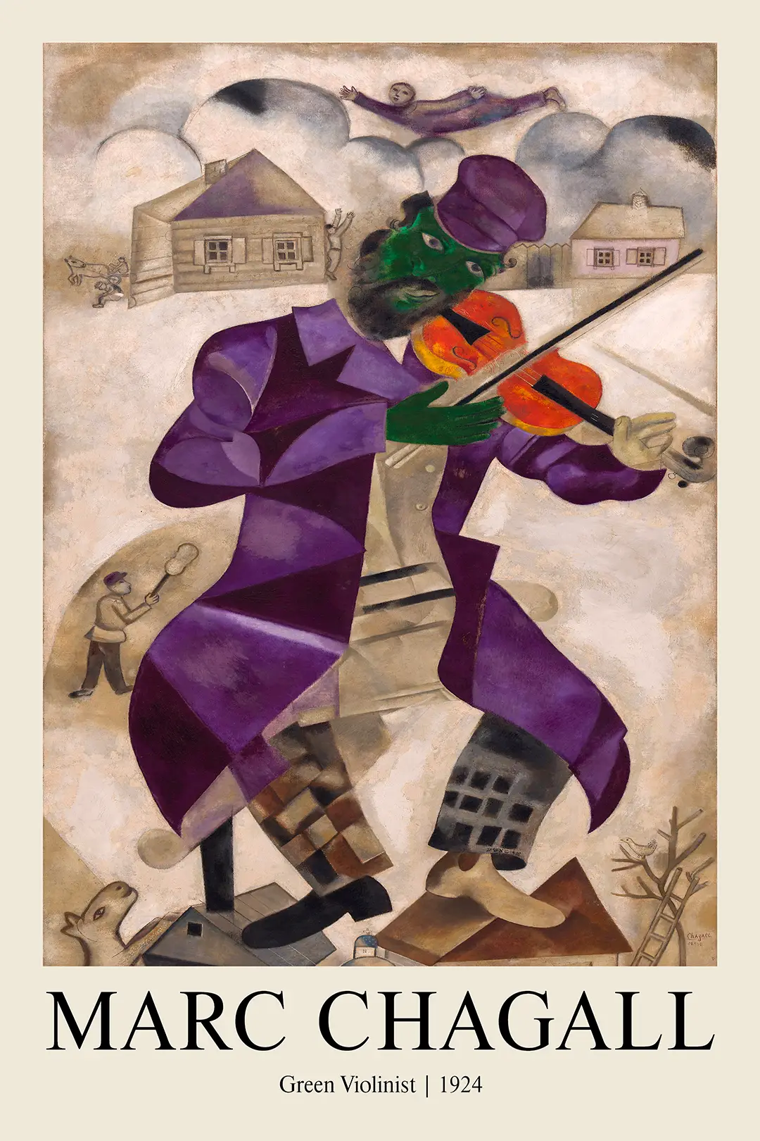 Green Violinist Print - Authentic Marc Chagall 1924 Modern Art Poster Green Violinist Print By Marc Chagall Featuring A Man With A Green Face In A Purple Coat Playing A Violin Over A Village.