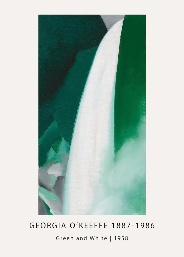 Georgia O'Keeffe Green and White abstract painting showing a white waterfall shape against a dark green canyon wall.