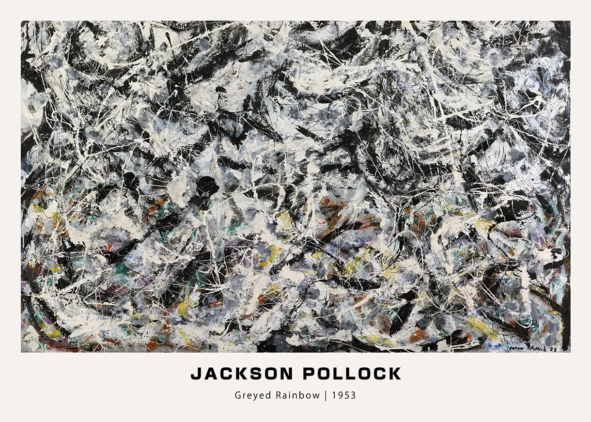 Jackson Pollock print of Greyed Rainbow 1953 featuring intricate black, white, and gray drip paint layers.