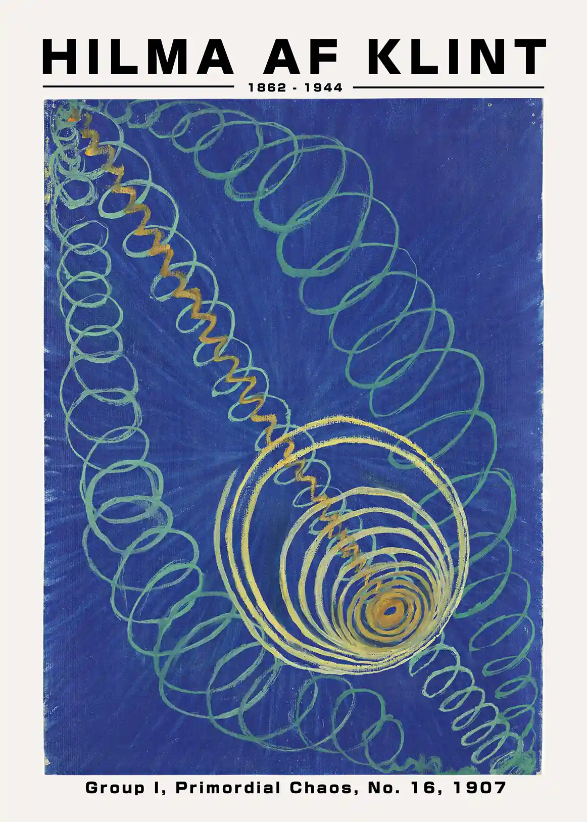Hilma af Klint print of Primordial Chaos No 16 with teal spirals and yellow concentric circles on a blue field.