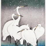 Japanese Egret Group in Snow, Ohara Koson Woodblock Art Print