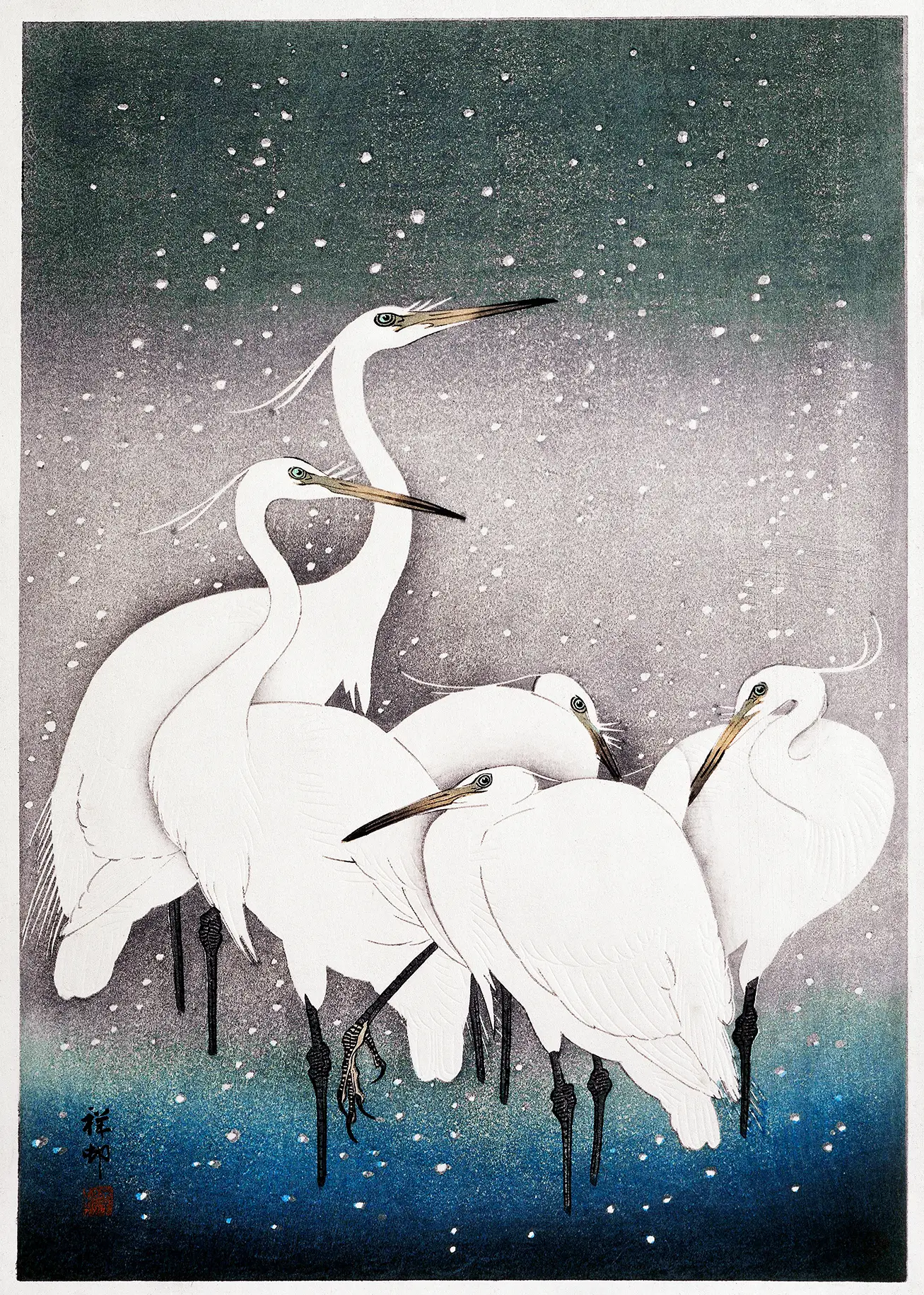 Japanese Egret Print - Ohara Koson Vintage Woodblock Art Poster Japanese Egret Print Showing Five White Birds In Falling Snow With A Blue Gradient Background By Ohara Koson.