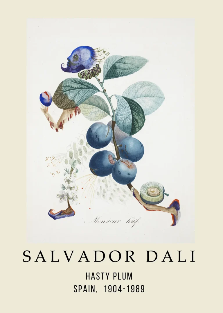 Salvador Dali Hasty Plum — whimsical Salvador Dali surrealist print featuring blue plums and