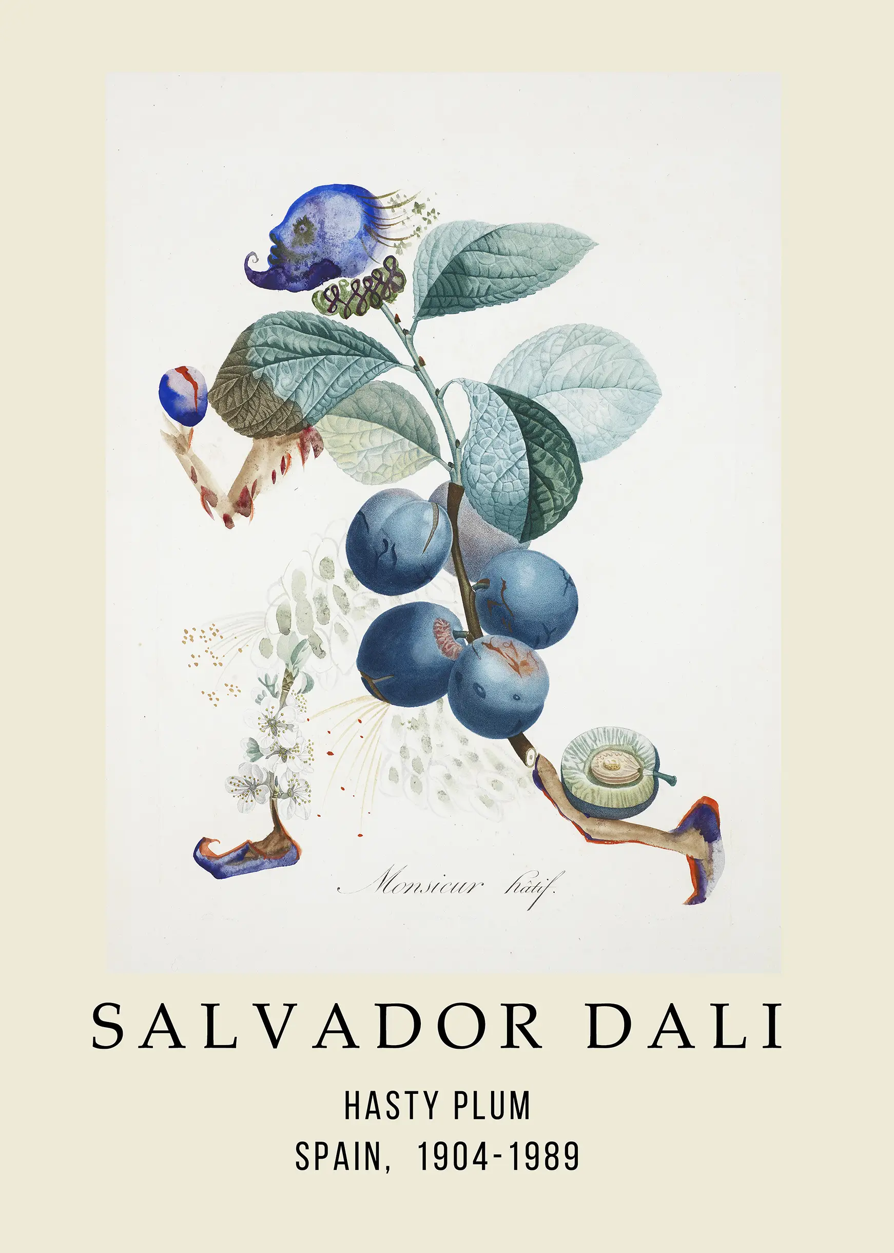 Authentic Salvador Dali Plum Print - Monsieur Hatif Surrealist Art Salvador Dali Plum Print Titled Hasty Plum With Blue Anthropomorphic Fruit And Human Limbs On Cream Paper.