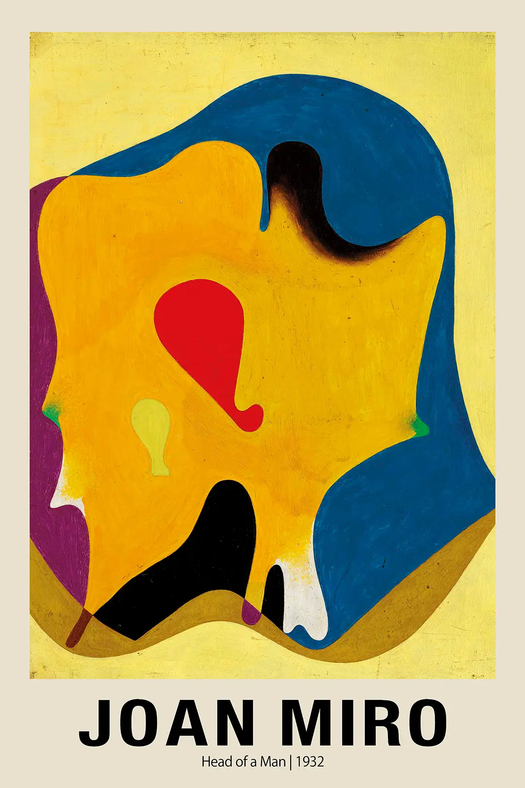 Authentic Joan Miro Print - Head Of A Man 1932 Surrealist Abstract Art Joan Miro Print Showing Head Of A Man 1932 With Yellow, Blue, And Red Biomorphic Shapes On A Yellow Background.
