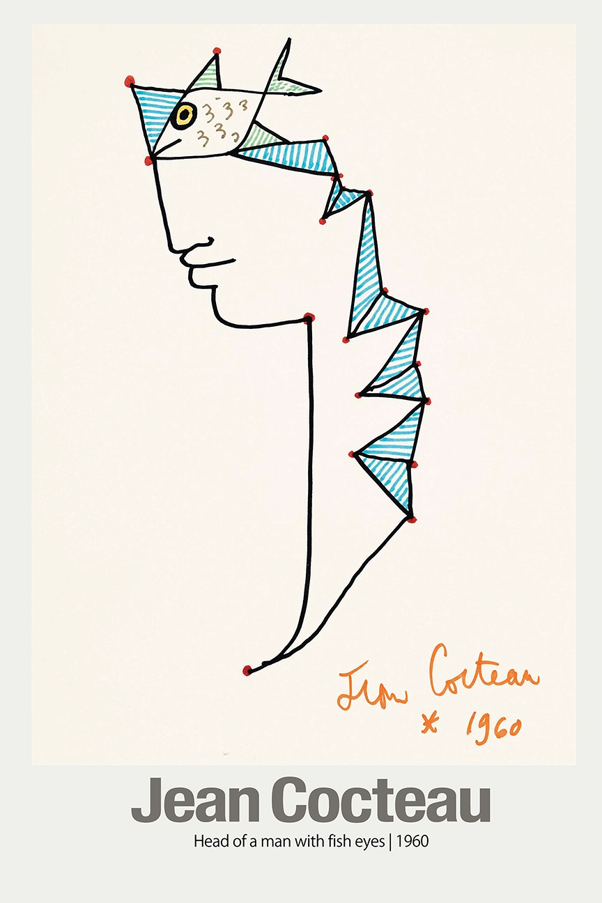 Authentic Jean Cocteau Wall Art - Head Of A Man With Fish Eyes 1960 Jean Cocteau Wall Art Depicting A Minimalist Line Drawing Of A Man With Fish Eyes And Blue Stripes From 1960.