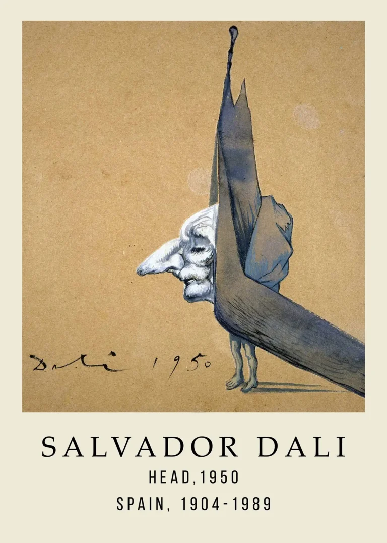 Salvador Dali Head — surrealist profile with an elongated nose emerges from a dark figure on