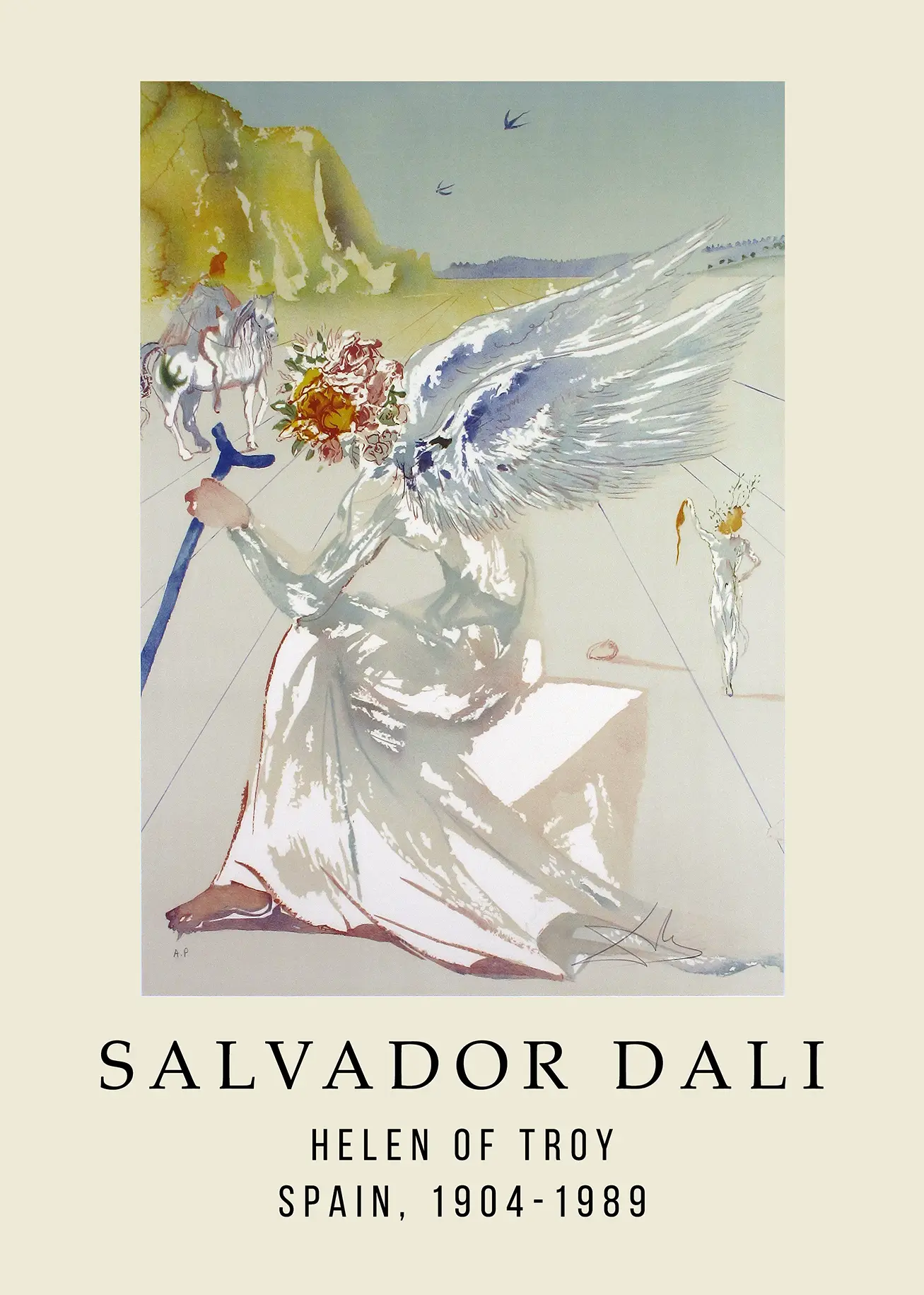 Dali Helen Of Troy - Authentic Surrealist Mythology Wall Art Dali Helen Of Troy Print Featuring A Winged Figure With A Floral Head And Blue Crutch In A Desert Vista.