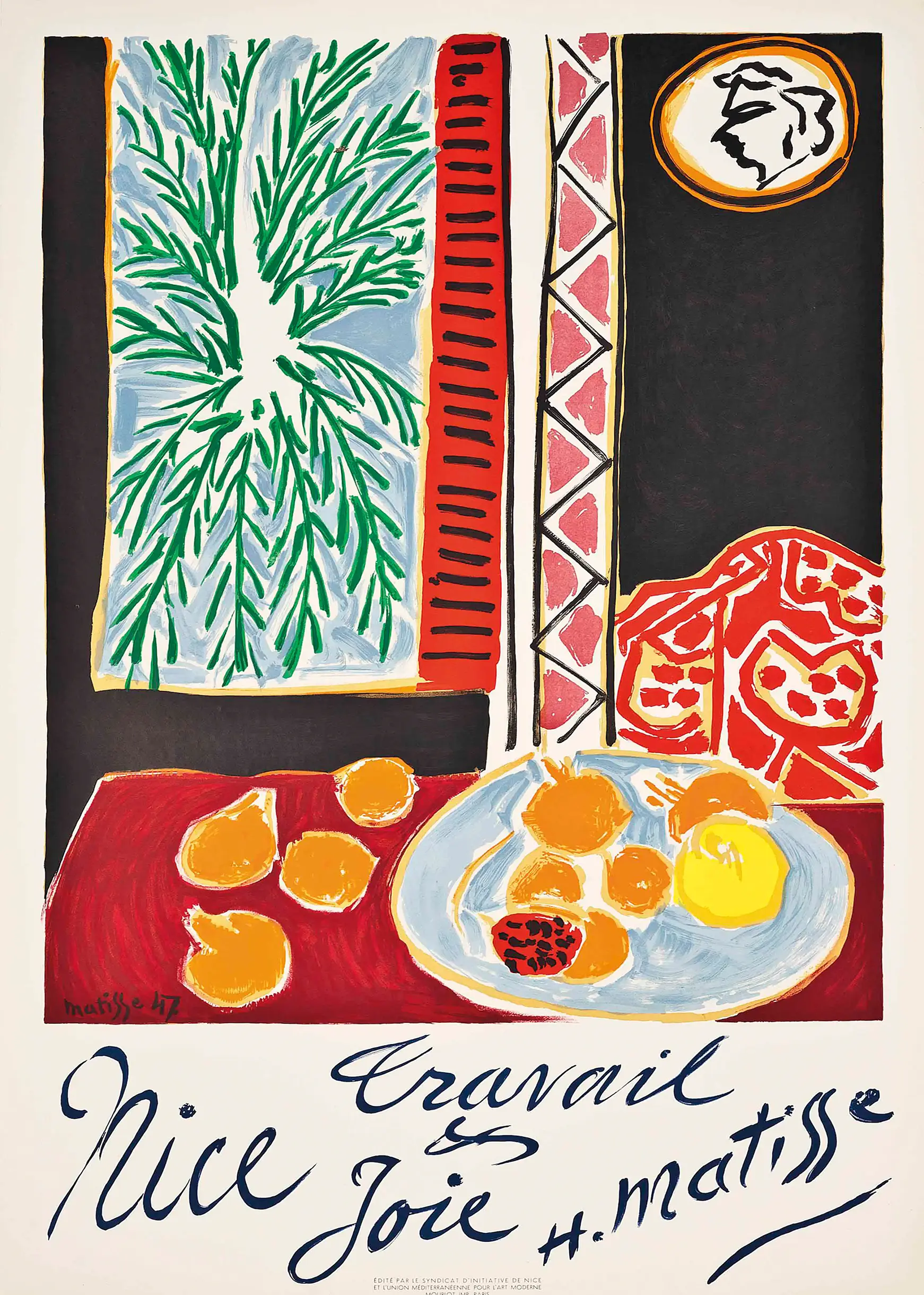 Matisse Nice Poster featuring a red interior, a plate of fruit, and a green palm tree through a window in Fauvist style.