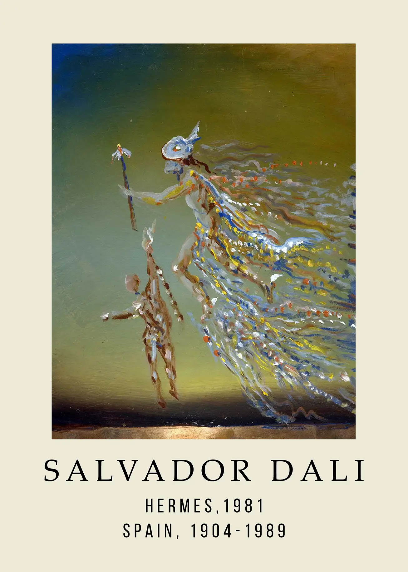 Salvador Dali Hermes Print - 1981 Surrealist Art Exhibition Poster Salvador Dali Hermes Print Featuring The Greek God Hermes In Motion With A Golden Staff On A Green Background.
