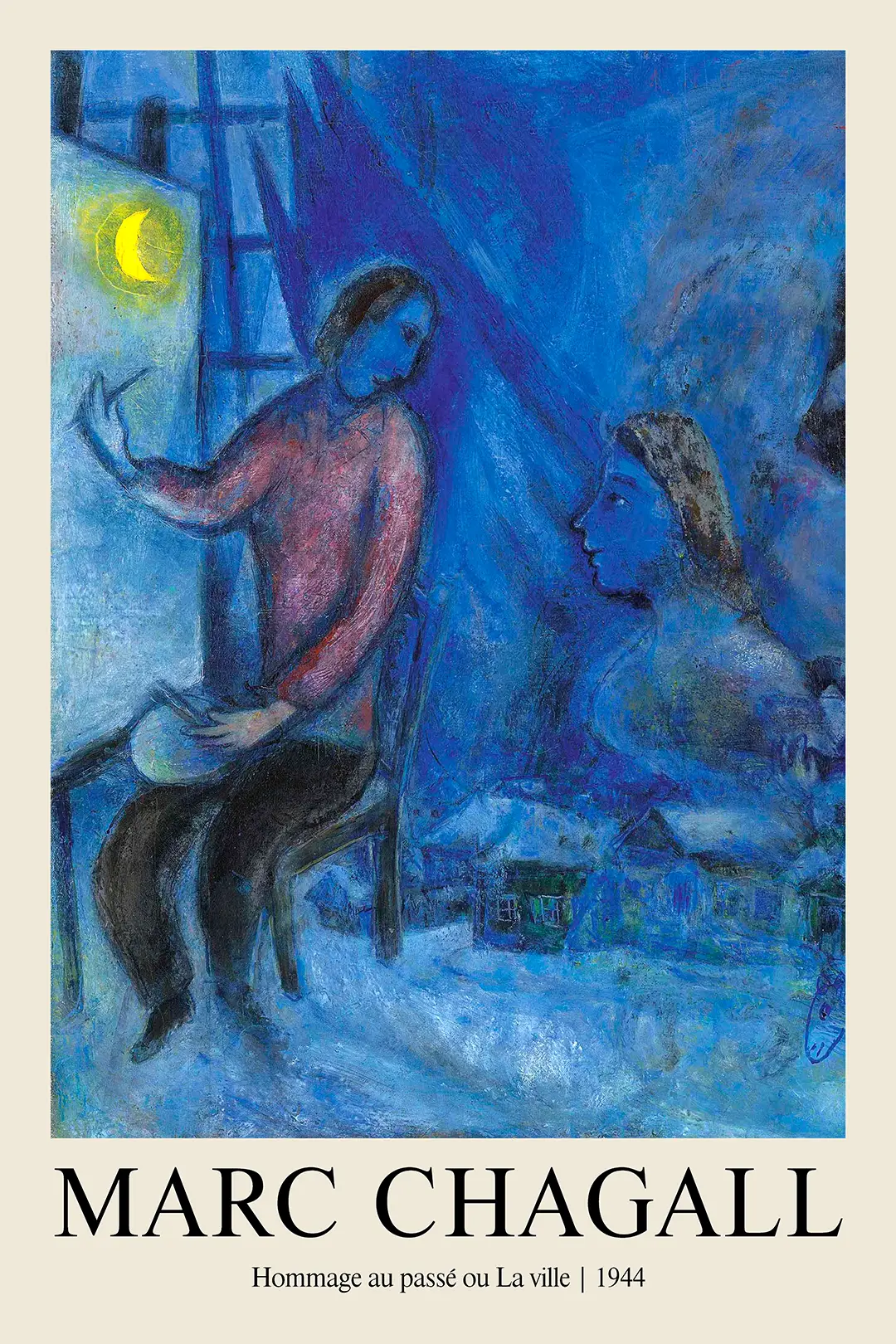 Marc Chagall Wall Art - Hommage Au Passé Ou La Ville 1944 Exhibition Print Marc Chagall Wall Art Showing A Painter At An Easel, A Yellow Moon, And A Blue Village With A Floating Woman Profile.