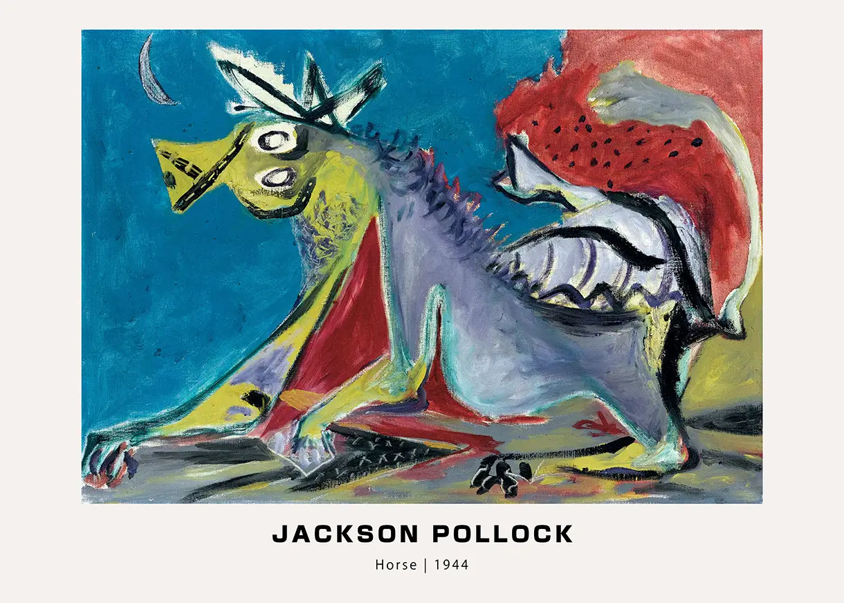 Jackson Pollock Horse print showing a 1944 abstract horse with yellow, red, and teal colors on matte paper.