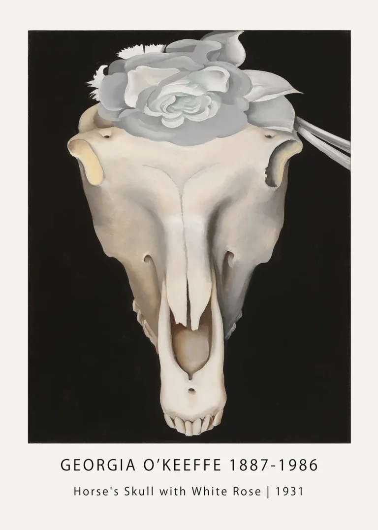 Georgia O'Keeffe print of a bleached horse skull with a white rose on a black background in 1931 modernist style.