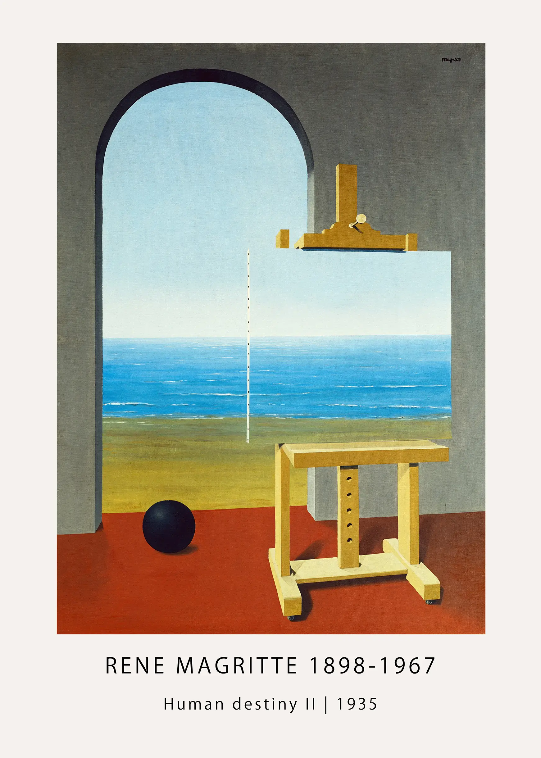 Classic René Magritte Human Destiny Ii - 1935 Surrealist Exhibition Poster René Magritte Human Destiny Ii Poster Showing An Easel-Mounted Canvas Merging With A Blue Seascape Through A Grey Arch.