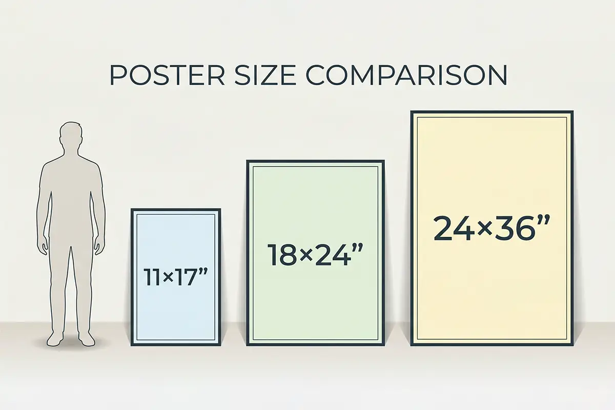 Poster Size Guide: Everything You Need To Know About Standard Poster Sizes Visual Comparison Of Standard Us Poster Sizes Including 11X17 12X18 18X24 24X36 And 27X40 Inches Displayed Side By Side For Scale