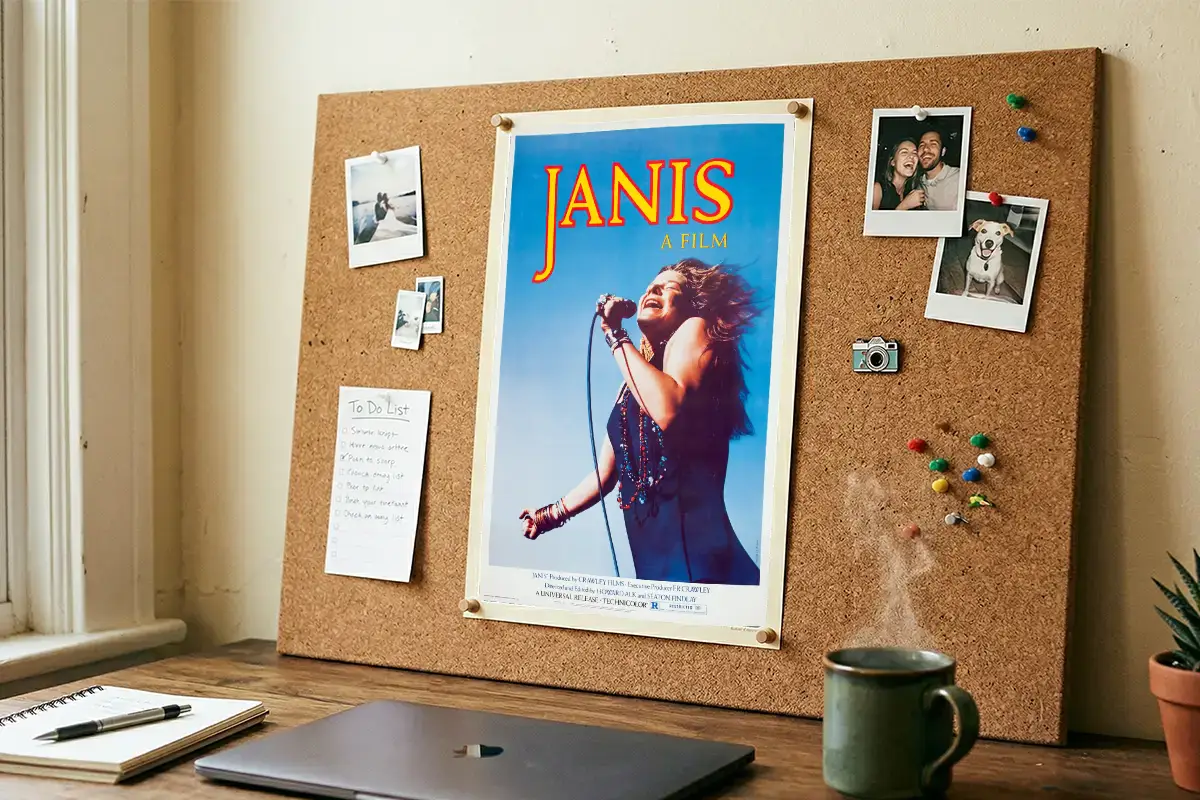 Small-format posters in real-world use showing 11x17 event flyer on a cafe wall and 12x18 photography art print in a home office setting